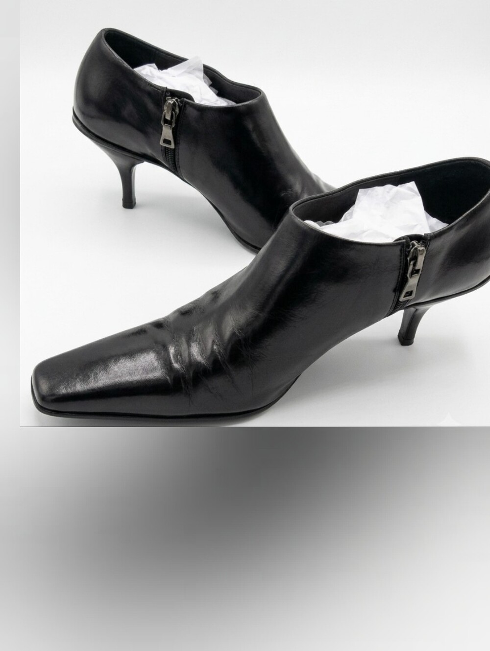 Prada Black Leather Pointed Ankle Booties with Side Zip & Kitten Heel